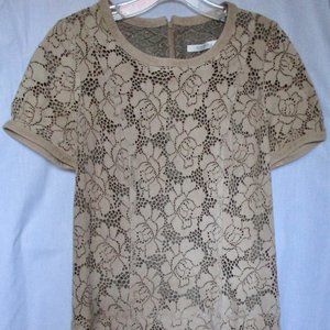 Beatrice B. Tan Leather Floral Pattern Short Sleeve Dress  Size 6 US